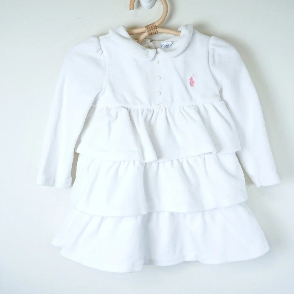 Ralph Lauren Tiered Velour Dress‎ Baby 12M White Long Sleeve Ruffle Pony Logo